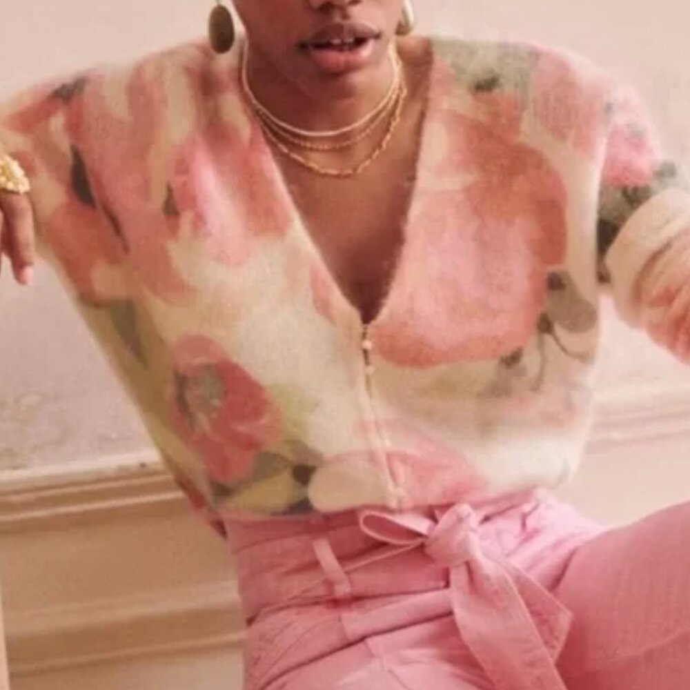 Sezane Lisette Cardigan Medium Pink Cream Floral Kid Mohair Sweater Knit French - Picture 4 of 15